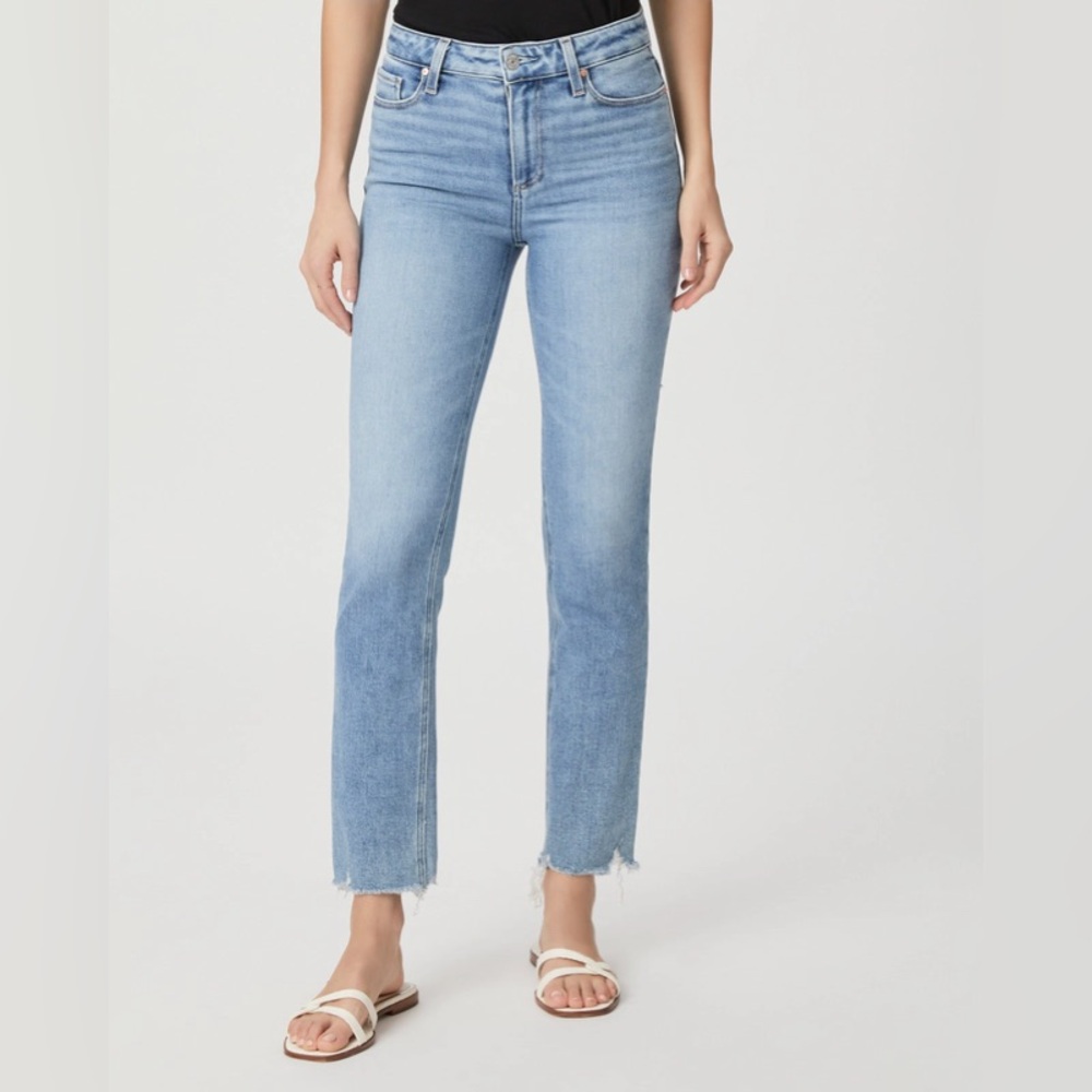 PAIGE Denim Cindy High Rise Straight Leg Destroyed Raw Hem Jeans in Mel Size 24